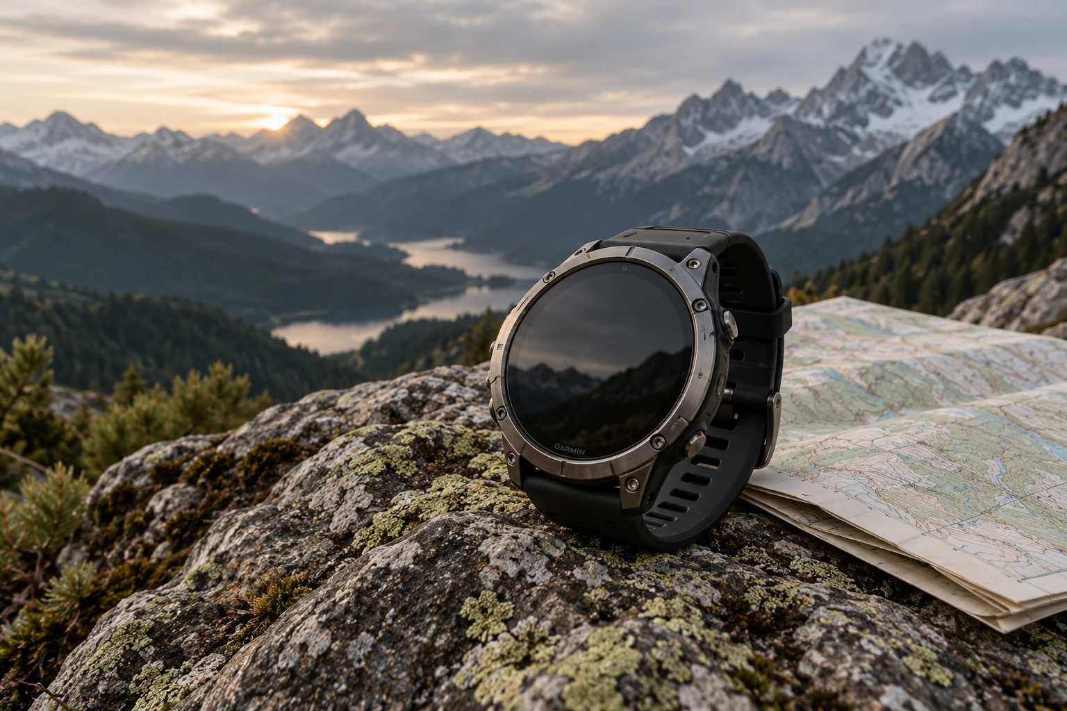 fēnix 8 on a rock beside a hiking map — AI-generated editorial image